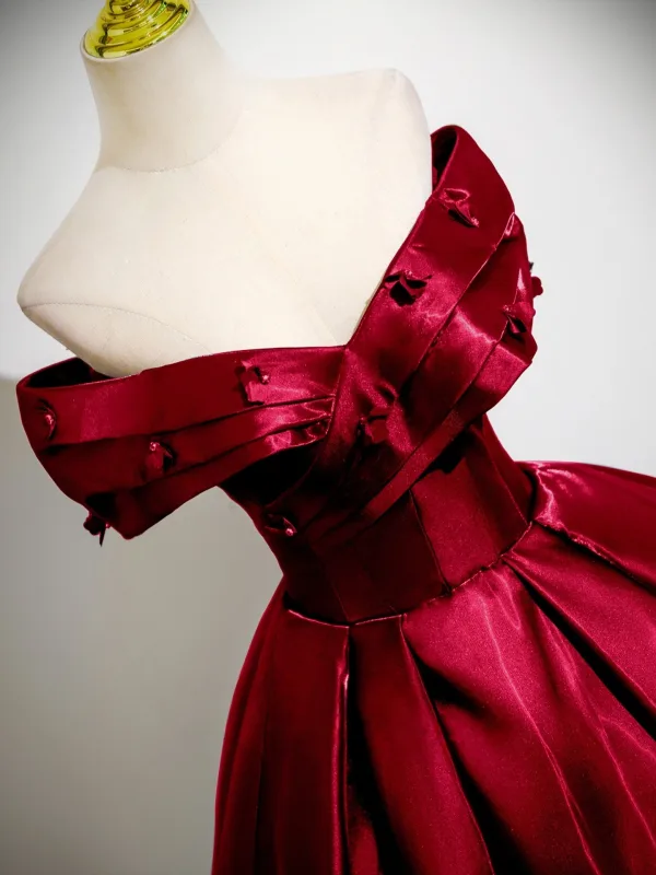 Vintage / Retro Burgundy Appliques Prom Dresses 2025 Ball Gown Off-The-Shoulder Short Sleeve Backless Floor-Length / Long Formal Dresses