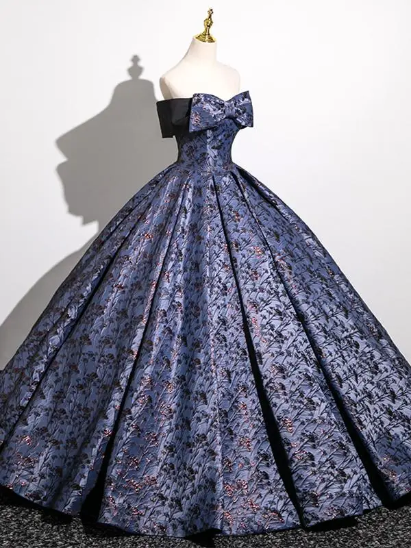 Élégant Violet Impression Robe De Bal 2025 Robe Boule Bustier Noeud Sans Manches Dos Nu Longue Promo Robe De Ceremonie