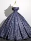 Élégant Violet Impression Robe De Bal 2025 Robe Boule Bustier Noeud Sans Manches Dos Nu Longue Promo Robe De Ceremonie