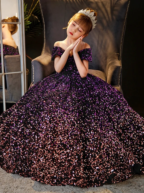 Sparkly Purple Sequins Birthday Flower Girl Dresses 2024 Ball Gown Scoop Neck Short Sleeve Backless Floor-Length / Long