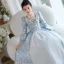 Medieval Sky Blue Printing Birthday Flower Girl Dresses 2023 A-Line / Princess Scoop Neck Pearl Bow Bell sleeves Floor-Length / Long Flower Girl Dresses