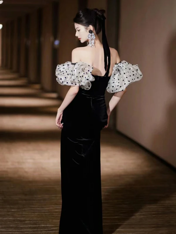 Sexy Black Velvet Spotted Evening Dresses 2024 Trumpet / Mermaid Off-The-Shoulder Short Sleeve Backless Floor-Length / Long Formal Dresses