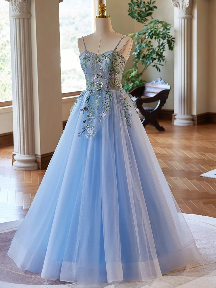 green emerald velvet dress A Line Pink Tulle Long Prom Dresses with Straps Evening Dresse Tp1112 US8 / Sky Blue main image 1