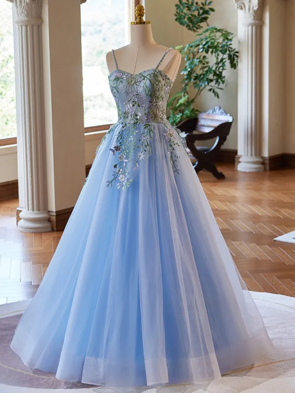 Elegant Sky Blue Lace Flower Prom Dresses 2024 Ball Gown Spaghetti Straps  Sleeveless Backless Floor-Length / Long Tulle Prom Formal Dresses