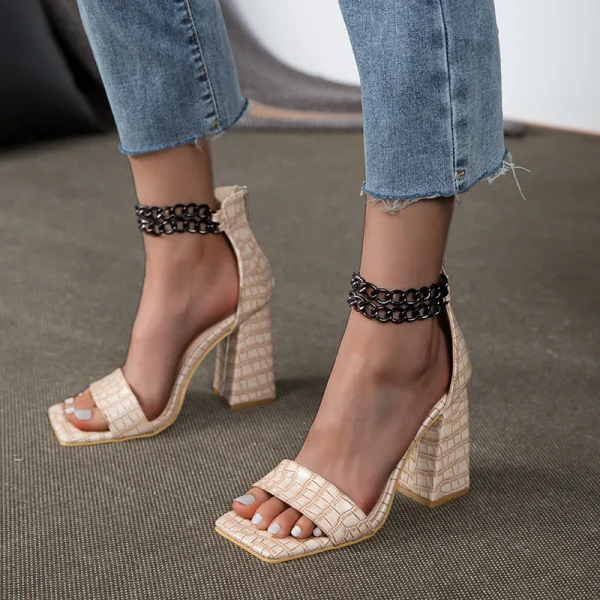 Sexy Braun Abend Sandalen Damen 2022 Metall Knöchelriemen 10 cm Thick Heels Peeptoes Sandaletten Hochhackige