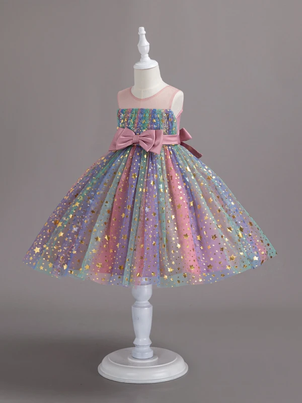 Bling Bling Blushing Pink Star Sequins Birthday Short Flower Girl Dresses 2024 Ball Gown Scoop Neck Sleeveless Bow Sash