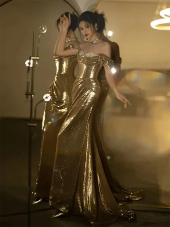 Sparkly Gold Sequins Evening Dresses 2024 Trumpet Mermaid Off The Shoulder Sleeveless Backless Floor Length Long Evening Party Formal Dresses