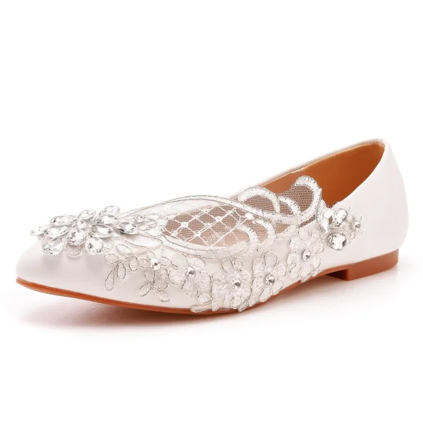 Proste / Simple Białe Rhinestone Z Koronki Kwiat Płaskie Buty Ślubne 2023 Szpiczaste Buty Ślubne