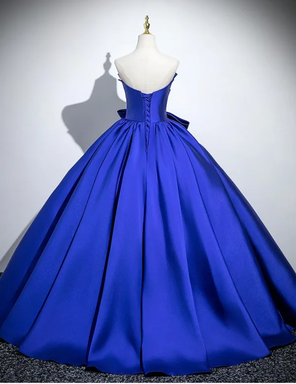 Elegant Royal Blue Satin Bow Prom Dresses 2025 Ball Gown Strapless Sleeveless Backless Floor-Length / Long Prom Formal Dresses