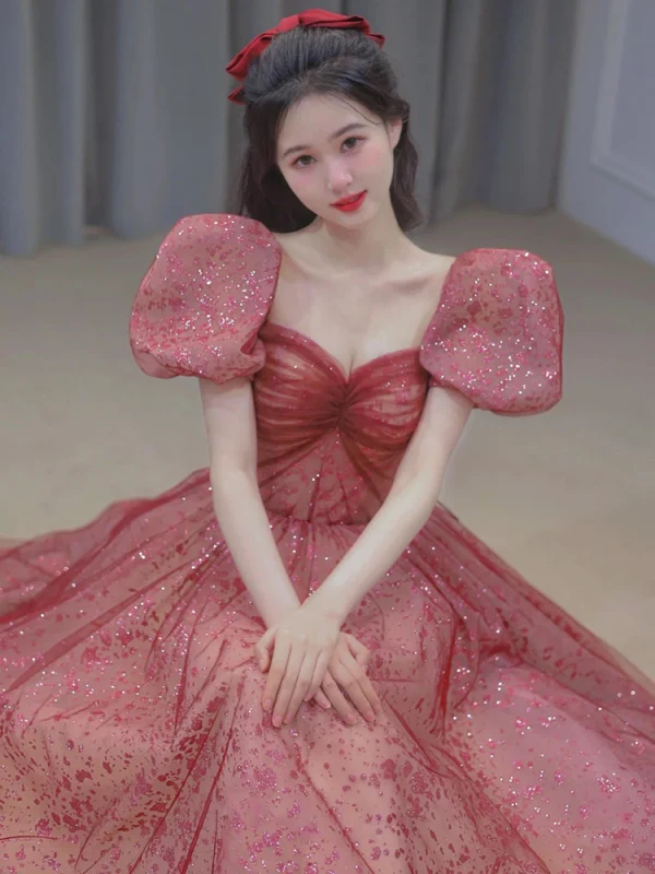Chic / Belle Rouge Paillettes Robe De Bal 2022 Princesse Encolure Carrée Gonflée Manches Courtes Dos Nu Longue Robe De Ceremonie