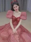 Chic / Belle Rouge Paillettes Robe De Bal 2022 Princesse Encolure Carrée Gonflée Manches Courtes Dos Nu Longue Robe De Ceremonie
