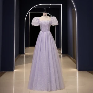 Elegant Lavender Sequins Prom Dresses 2023 A Line Princess Square Neckline Puffy Short Sleeve Backless Floor Length Long Prom Formal Dresses