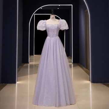 Elegant Lavender Sequins Prom Dresses 2023 A Line Princess Square Neckline Puffy Short Sleeve Backless Floor Length Long Prom Formal Dresses