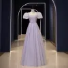 Elegant Lavender Sequins Prom Dresses 2023 A-Line / Princess Square Neckline Puffy Short Sleeve Backless Floor-Length / Long Prom Formal Dresses