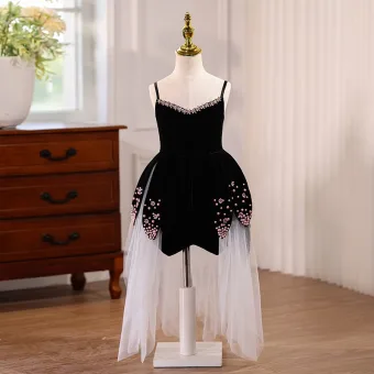 Chic Belle Noire Perle Asymétrique Robe Ceremonie Fille 2025 Anniversaire Princesse Bretelles Spaghetti Sans Manches Dos Nu