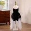 Chic / Beautiful Black Pearl Asymmetrical Flower Girl Dresses 2025 Birthday A-Line / Princess Spaghetti Straps Sleeveless Backless