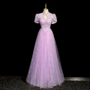 Chic Beautiful Lilac Beading Pearl Sequins Prom Dresses 2023 A Line Princess High Neck Short Sleeve Floor Length Long Prom Formal Dresses