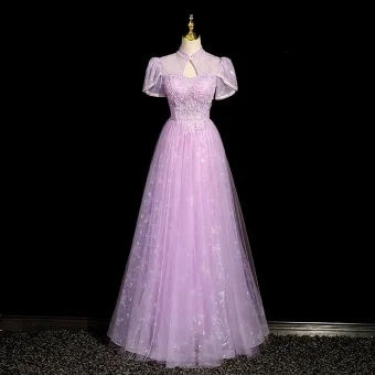 Chic Beautiful Lilac Beading Pearl Sequins Prom Dresses 2023 A Line Princess High Neck Short Sleeve Floor Length Long Prom Formal Dresses