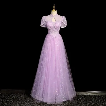 Chic Belle Lilas Perlage Perle Paillettes Robe De Bal 2023 Princesse Col Haut Manches Courtes Longue Promo Robe De Ceremonie