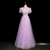 Chic / Beautiful Lilac Beading Pearl Sequins Prom Dresses 2023 A-Line / Princess High Neck Short Sleeve Floor-Length / Long Prom Formal Dresses
