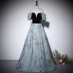 Élégant Bleu Ciel Impression Robe De Bal 2022 Princesse De L Épaule Manches Courtes Dos Nu Longue Promo Robe De Ceremonie