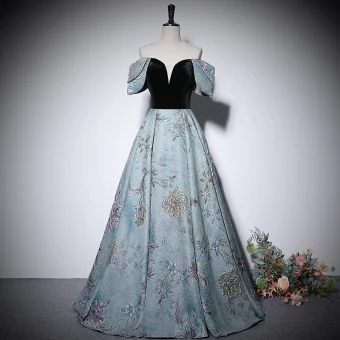 Élégant Bleu Ciel Impression Robe De Bal 2022 Princesse De L Épaule Manches Courtes Dos Nu Longue Promo Robe De Ceremonie