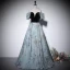 Elegant Sky Blue Printing Prom Dresses 2022 A-Line / Princess Off-The-Shoulder Short Sleeve Backless Floor-Length / Long Prom Formal Dresses