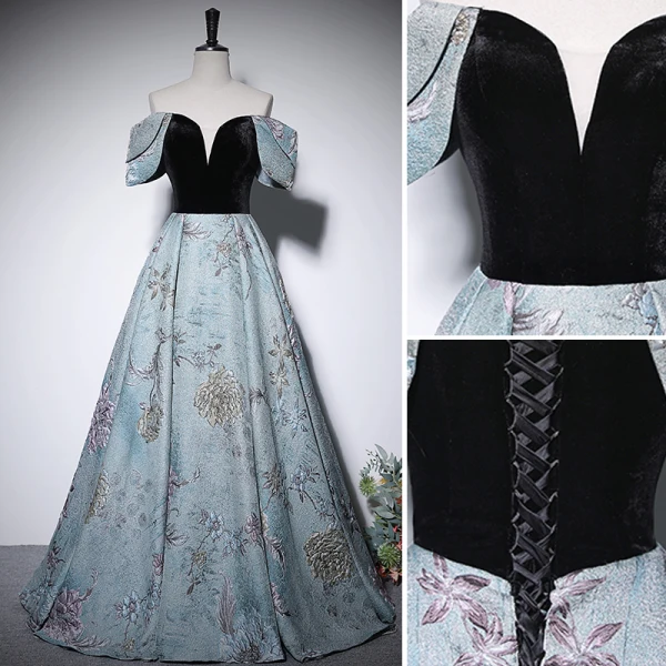 Elegant Sky Blue Printing Prom Dresses 2022 A-Line / Princess Off-The-Shoulder Short Sleeve Backless Floor-Length / Long Prom Formal Dresses