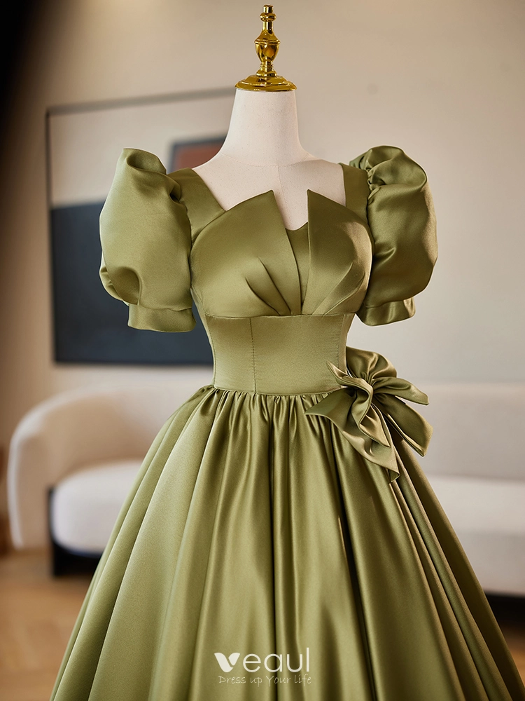 Modest / Simple Clover Green Bow Satin Prom Dresses 2024 Ball Gown Square Neckline Puffy Short Sleeve Backless Floor-Length / Long Prom Formal Dresses