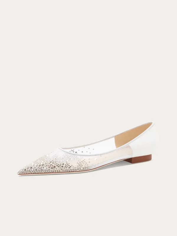Chic / Beautiful White Rhinestone Flat Leather Wedding Shoes 2025 Wedding Pointed Toe Heels