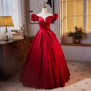 Elegant Burgundy Prom Dresses 2024 Ball Gown Off The Shoulder Puffy Short Sleeve Backless Floor Length Long Prom Formal Dresses