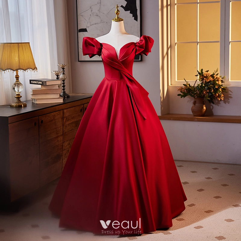 Elegant Burgundy Prom Dresses 2024 Ball Gown Off-The-Shoulder Puffy Short  Sleeve Backless Floor-Length / Long Prom Formal Dresses