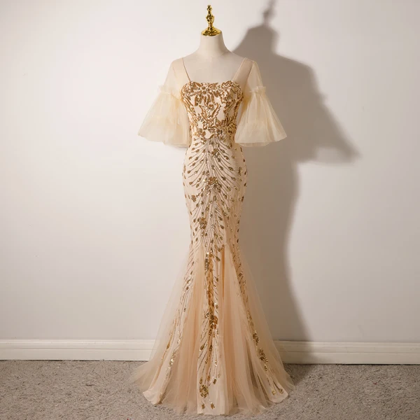 Charmant Champagne Paillettes Robe De Soirée 2022 Trompette / Sirène Encolure Carrée Manches Courtes Dos Nu Longue Robe De Ceremonie