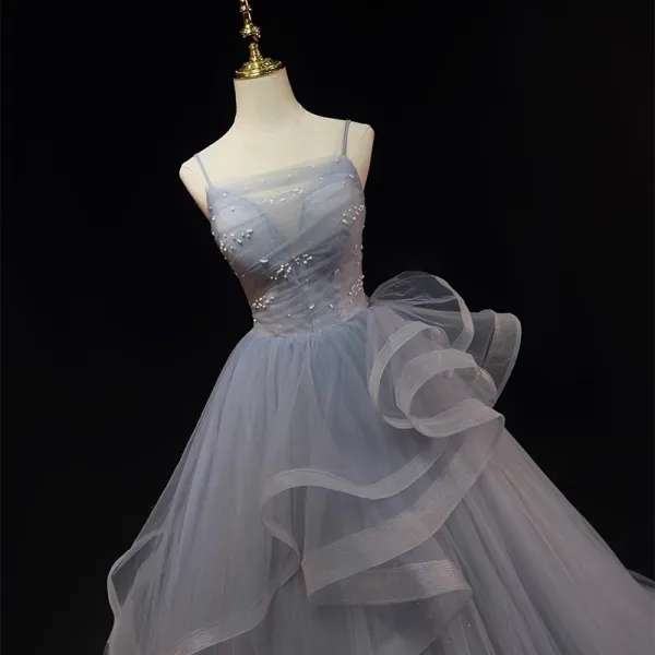 Charming Grey Cascading Ruffles Pearl Prom Dresses 2023 Ball Gown Spaghetti Straps Sleeveless Backless Floor-Length / Long Prom Formal Dresses