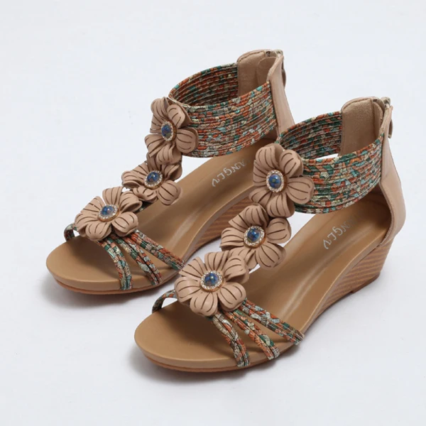 Roman Black Summer Street Wear Womens Sandals 2023 T-Strap Flower Rhinestone 5 cm Wedges Open / Peep Toe Sandals