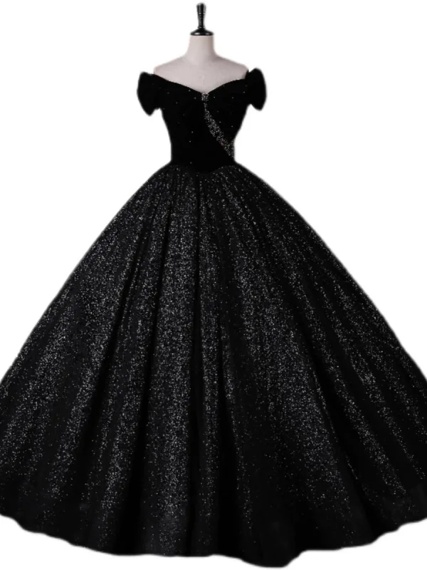 Charming Black Glitter Beading Velvet Prom Dresses Ball Gown 2023 Off-The-Shoulder Short Sleeve Backless Floor-Length / Long Prom Formal Dresses