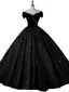 Charming Black Glitter Beading Velvet Prom Dresses Ball Gown 2023 Off-The-Shoulder Short Sleeve Backless Floor-Length / Long Prom Formal Dresses