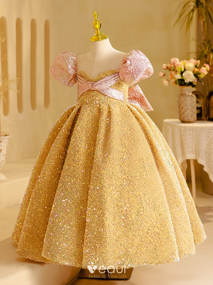 Princess Backless Gold Bow Girls Dress for BabyGown 1 Year