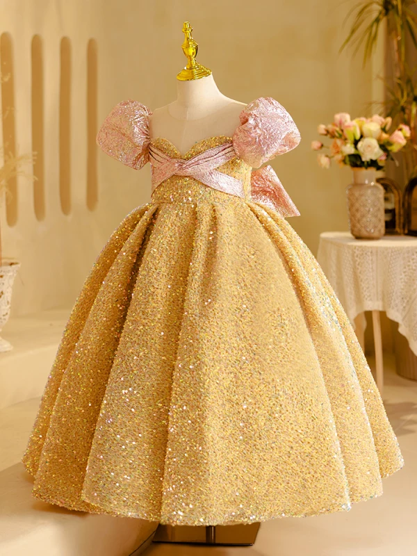 Bling Bling Gold Beading Sequins Birthday Flower Girl Dresses 2024 Ball Gown Scoop Neck Puffy Short Sleeve Backless Bow Floor-Length / Long