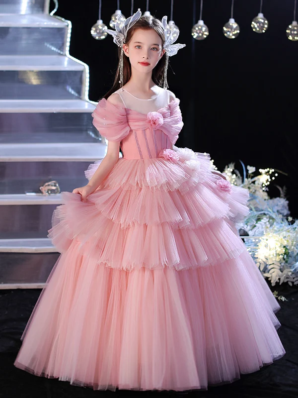 Lovely Blushing Pink Cascading Ruffles Appliques Birthday Flower Girl Dresses 2024 Ball Gown Scoop Neck Short Sleeve Floor-Length / Long