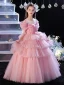 Lovely Blushing Pink Cascading Ruffles Appliques Birthday Flower Girl Dresses 2024 Ball Gown Scoop Neck Short Sleeve Floor-Length / Long