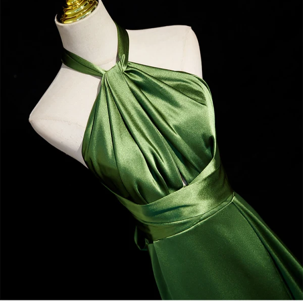 Modest / Simple Green Split Front Evening Dresses High Neck 2024 A-Line / Princess Sleeveless Backless Bow Floor-Length / Long Evening Party Formal Dresses