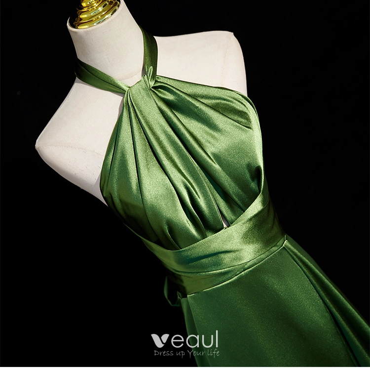 Modest Simple Green Split Front Evening Dresses High Neck 2024 A-Line Princess Backless Modest Simple Green Split Front Evening Dresses High Neck 2024 A-Line Princess Backless