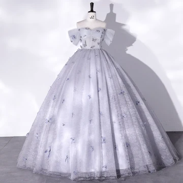 Hermoso Gris Mariposa Vestidos De Gala 2022 Ball Gown Fuera Del Hombro Manga Corta Sin Espalda Largos Gala Vestidos Formales