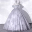 Chic / Beautiful Grey Butterfly Prom Dresses 2022 Ball Gown Off-The-Shoulder Short Sleeve Backless Floor-Length / Long Prom Formal Dresses