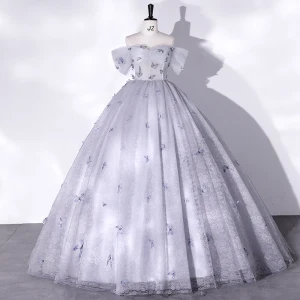 Schöne Grau Schmetterling Ballkleider 2022 Ballkleid Off Shoulder Kurze Ärmel Rückenfreies Lange Ball Festliche Kleider