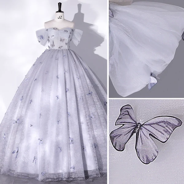 Chic / Beautiful Grey Butterfly Prom Dresses 2022 Ball Gown Off-The-Shoulder Short Sleeve Backless Floor-Length / Long Prom Formal Dresses