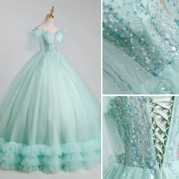 Elegant Mint Green Beading Pearl Sequins Cascading Ruffles Prom Dresses 2023 Ball Gown Off-The-Shoulder Short Sleeve Backless Floor-Length / Long Prom Formal Dresses
