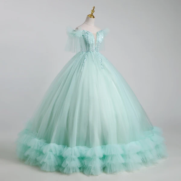 Elegant Mint Green Beading Pearl Sequins Cascading Ruffles Prom Dresses 2023 Ball Gown Off-The-Shoulder Short Sleeve Backless Floor-Length / Long Prom Formal Dresses