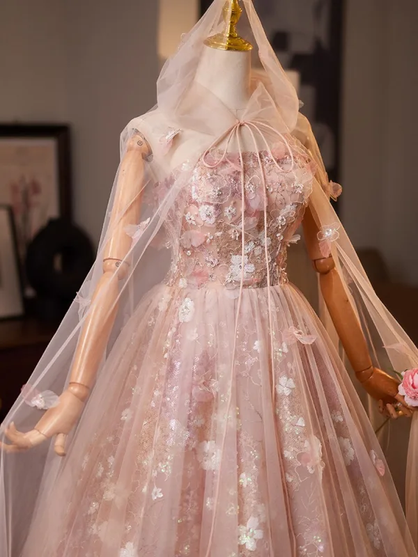 Fabelhaft Rosa Perlenstickerei Perle Pailletten Applikationen Ballkleider 2025 Ballkleid Bandeau Mantel Ärmellos Rückenfreies Lange Tülle Ball